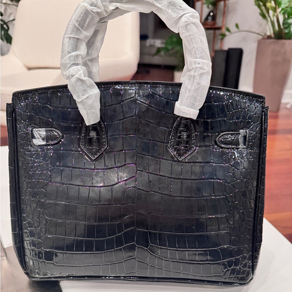 Glossy Black Croc-Embossed Structured Tote with Gold Hardware - 30CM